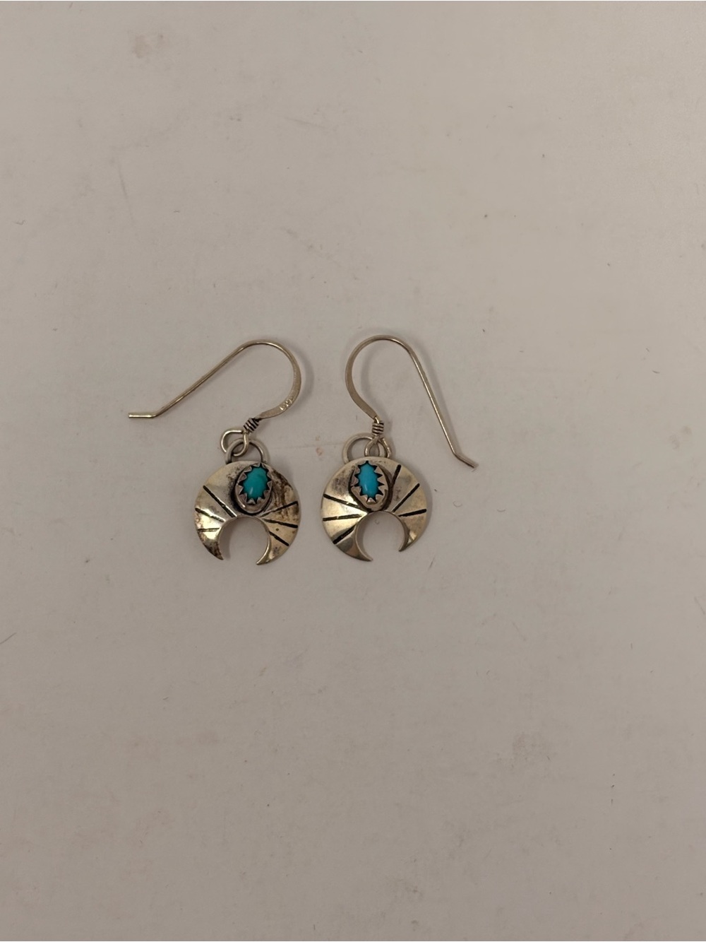 Vintage Southwestern Silver Turquoise Crescent Dangle Earrings